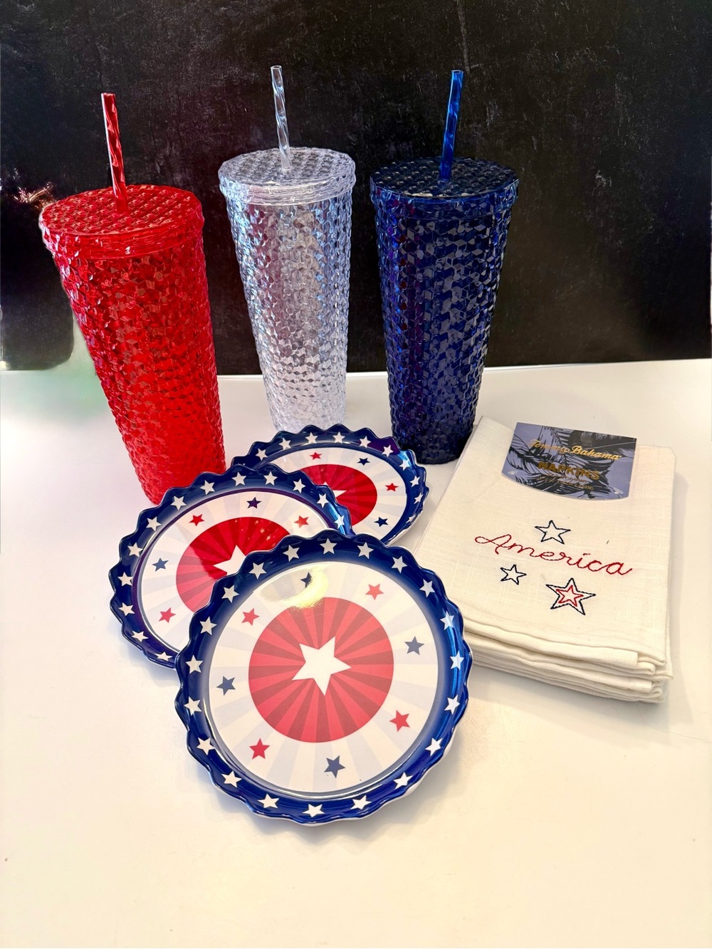 Patriotic Red, Clear & Blue Studded Tumbler Set with Star Plates and napkins
